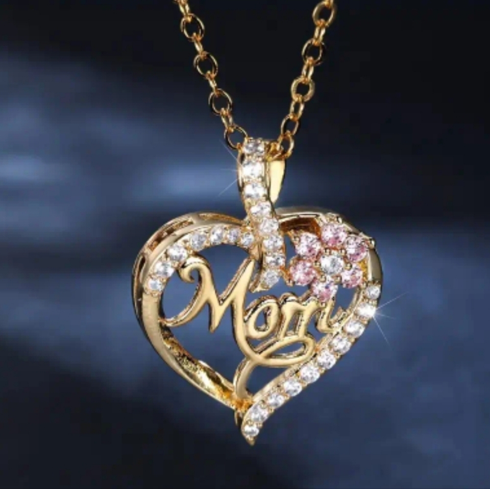 Elegant Gold Tone Heart Pendant Necklace with Pink Accents. NEW!